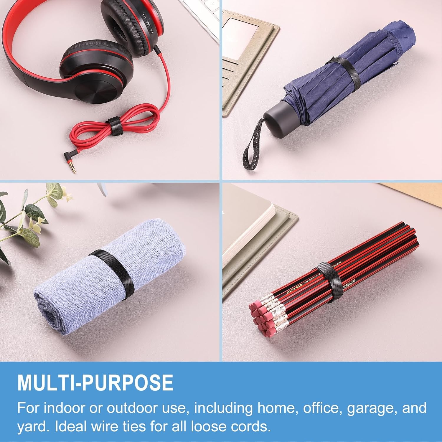 100 PCS Reusable Cable Ties, 8 Inches, Adjustable Cord Wraps, Hook & Loop