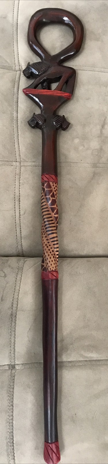 Wooden Hand Carved Walking Cane Stick Lion Handle 2 Lion Faces 36” Tall