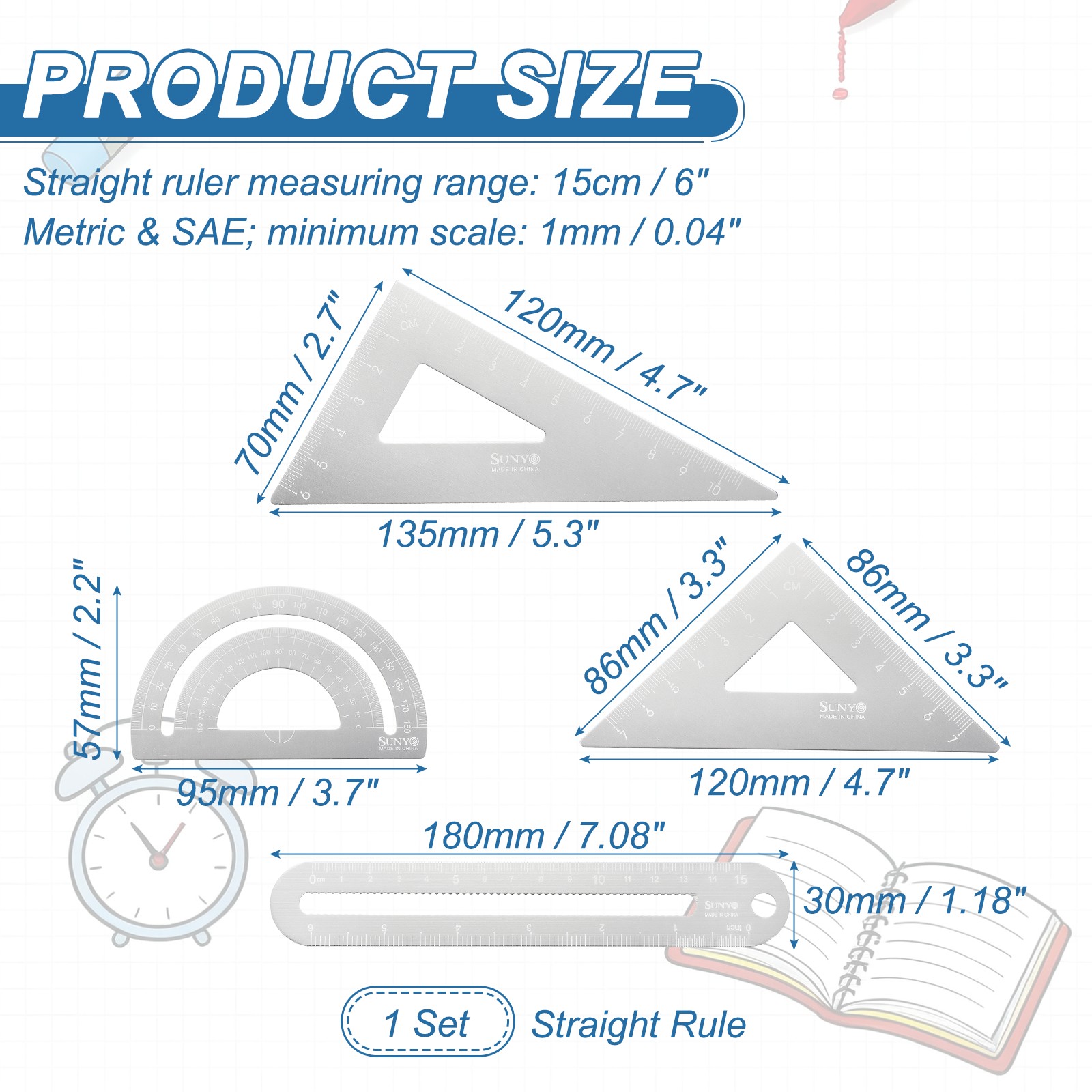4pcs Triangular Ruler Set 15cm/6" Aluminum Ruler Protractor Silver White