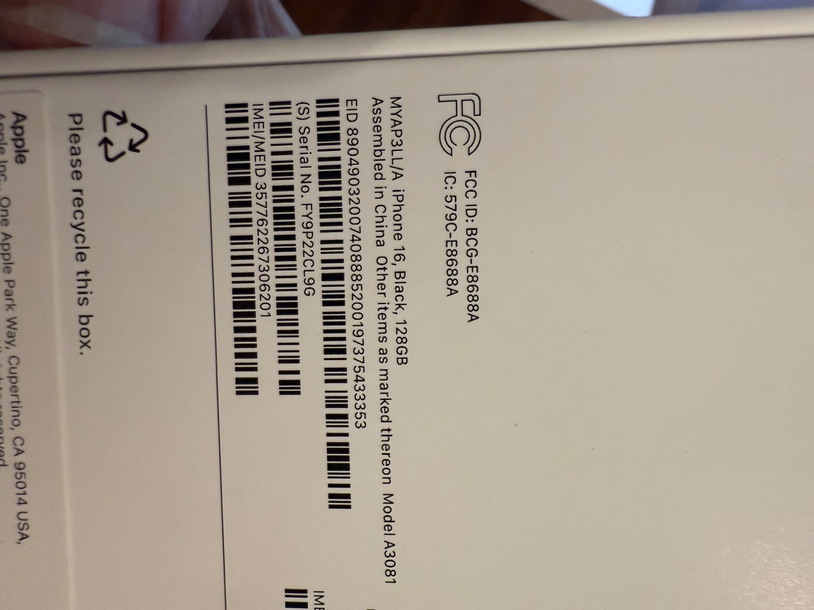 Apple IPhone 16 Black Empty Box No Phone