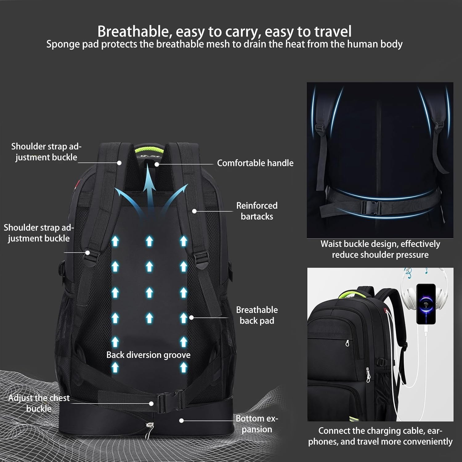65L Expandable Men’s Daypack - Comfortable Waterproof Backpack for Outdoor Use
