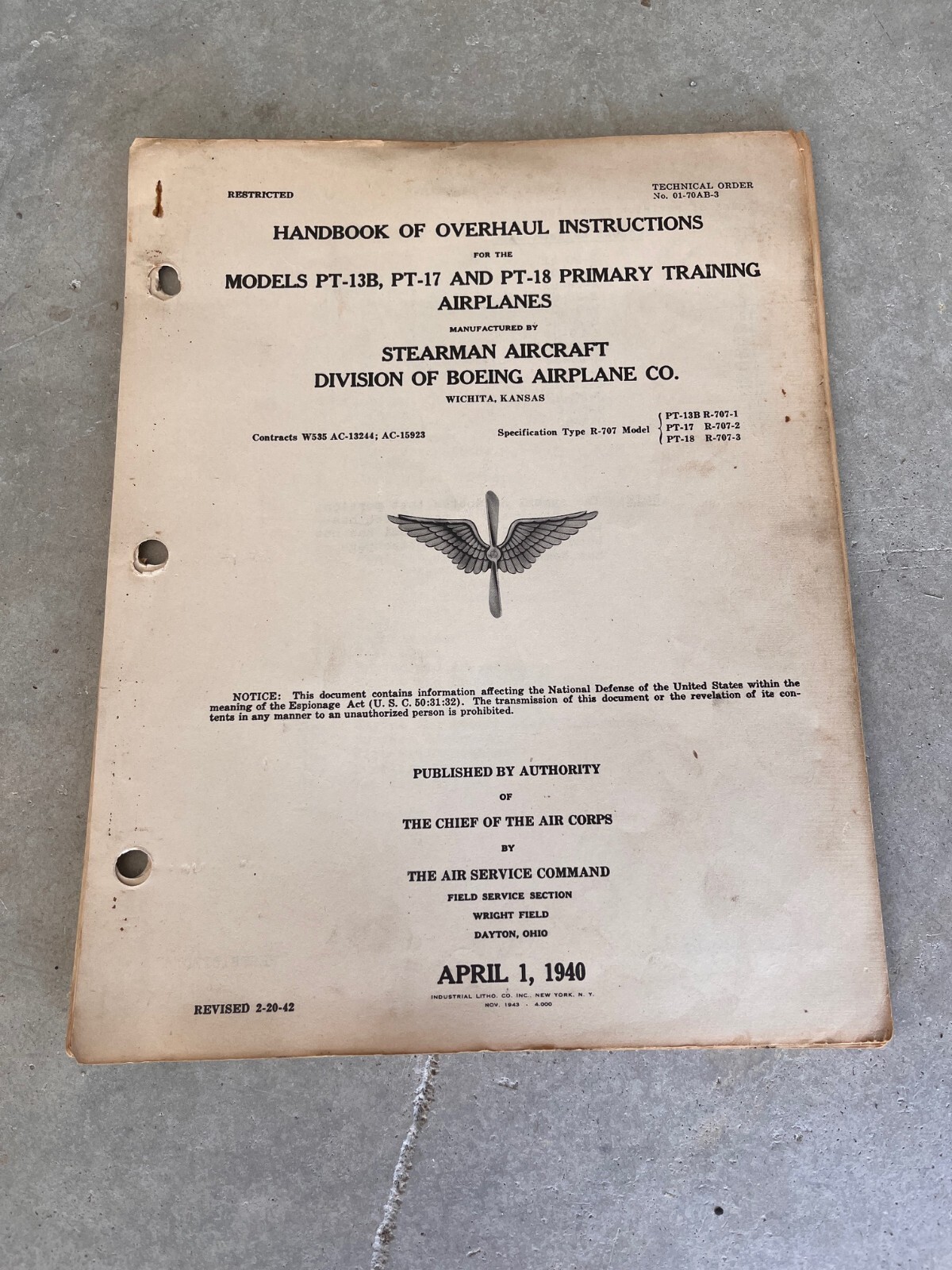 1940 Overhaul Handbook Stearman Boeing PT-138 PT-17 PT-18 WWII AAF Air Corps
