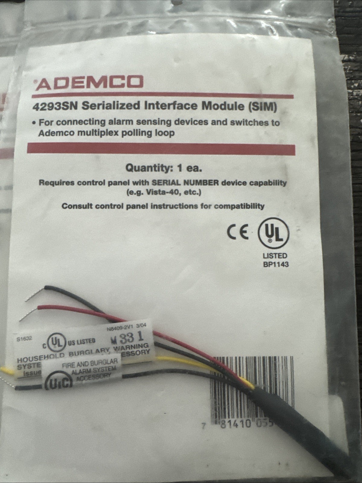 Ademco 4293SN Serialized Interface Module (SIM)