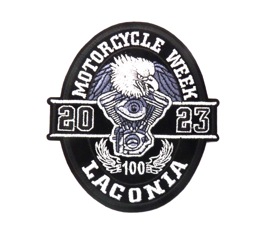 Laconia 100'th Motorcycle Week 2023 Black White Oval EAGLE ENGINE Patch.