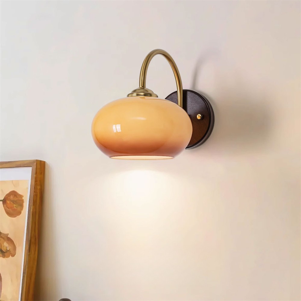 Vintage Orange Round Open Glass Shade Wall Sconce Bedside Wall Lamp Wooden Base