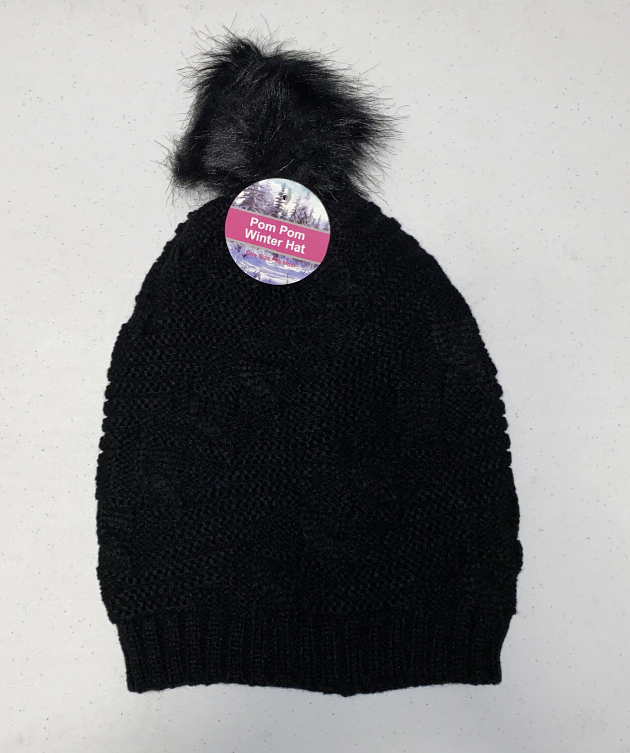 Hat Depot Women's Beanie Skull Hat One Size Black Faux Fur Pom Pom NWT LBB76
