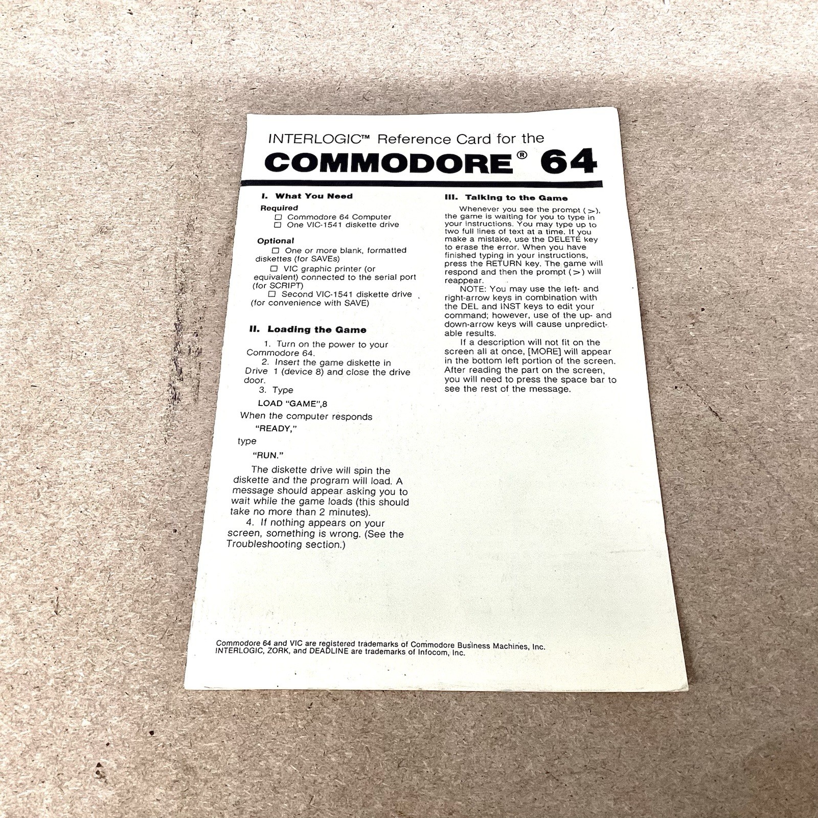 Interlogic Reference Card For The Commodore 64