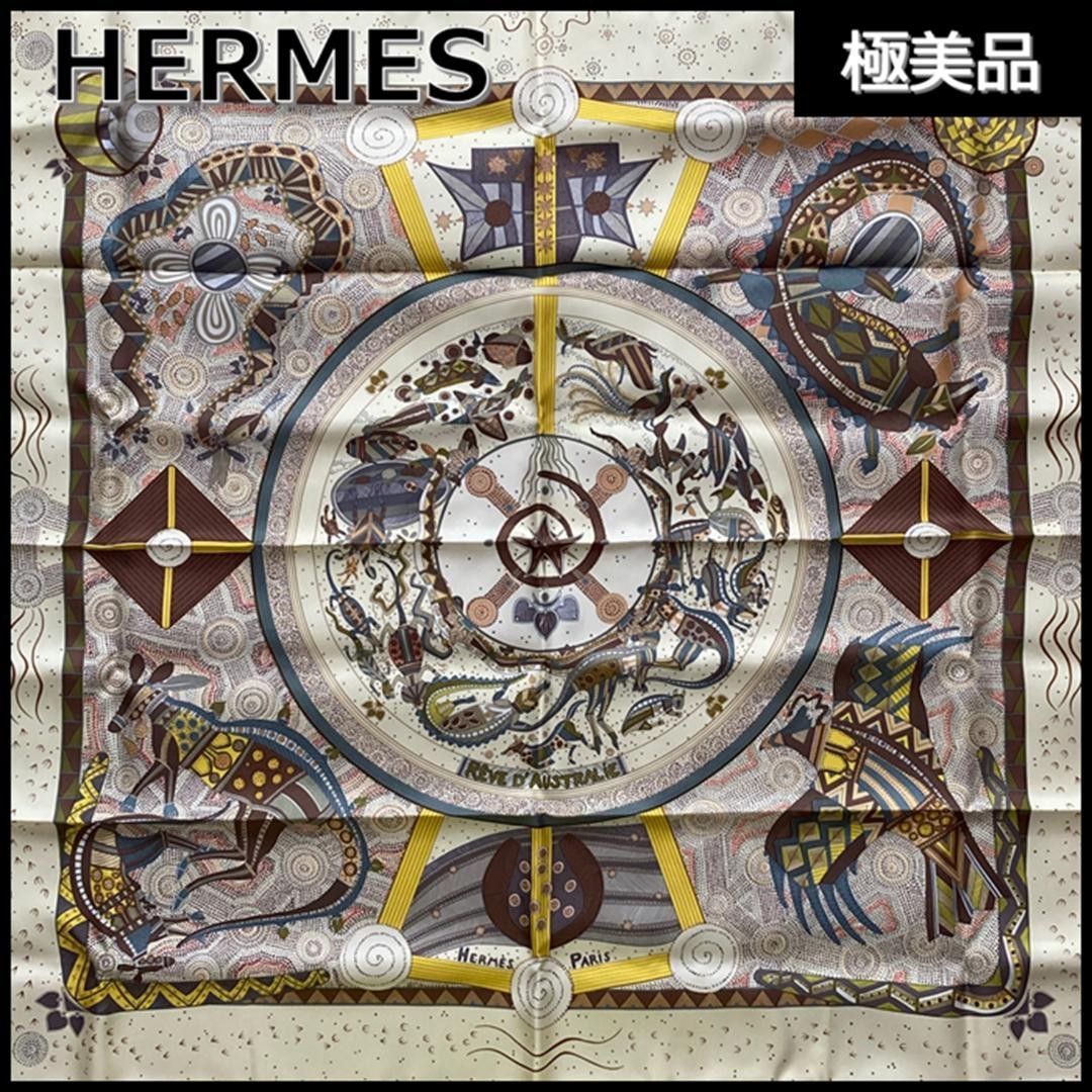 HERMES Carre 90 REVE D'AUSTRALIE Silk Scarf Ivory Multicolor 35in SR1653