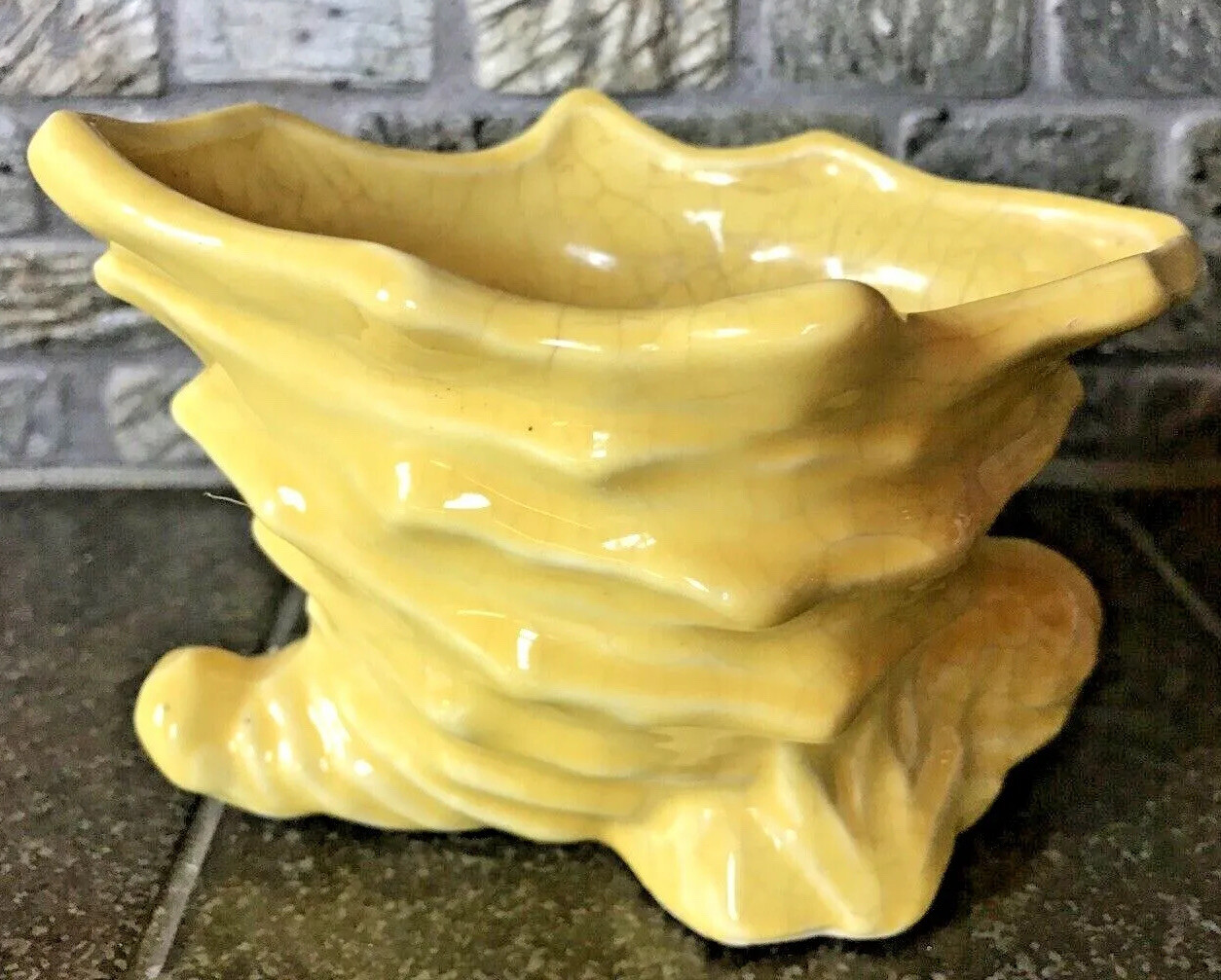 Vintage Cornucopia Planter Yellow Crackled Glaze Thanksgiving Fall Ceramic