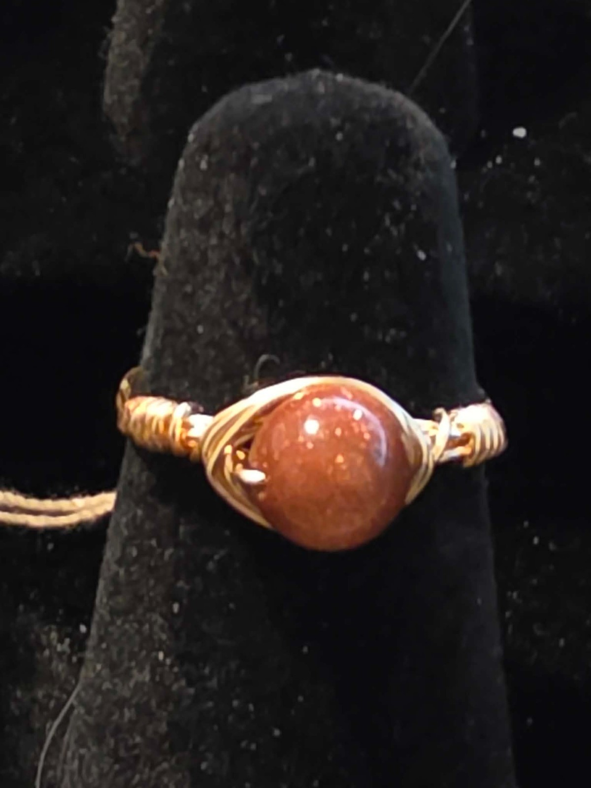 Handmade size 4 Wire-Wrapped Goldstone Ring with Gold-Tone Plated Wire