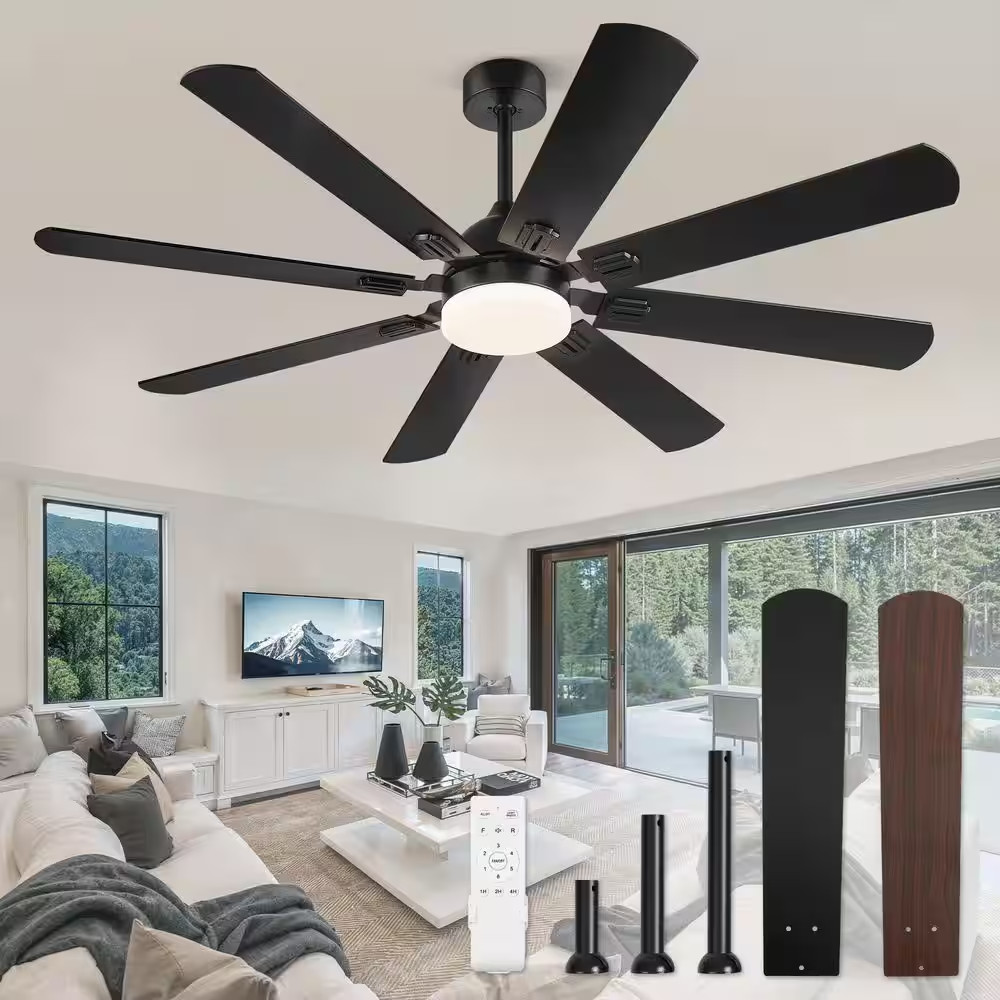 62 In. Outdoor Indoor Black 3-Colors LED 6-Speeds Ceiling Fan with Dual-Finish B