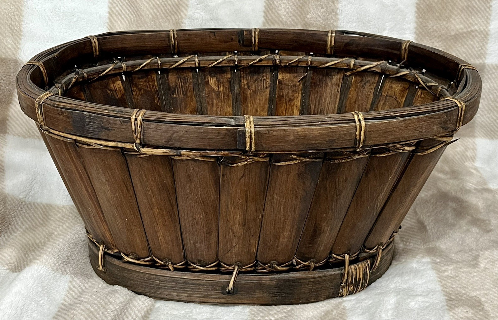Split Bamboo Basket Oval Dark Brown  13” X 8” X 6.5” Wood Planter