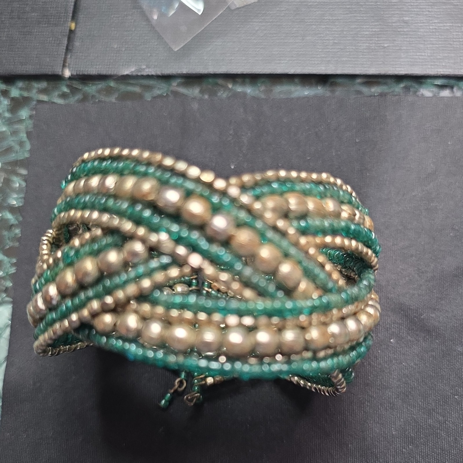 Handcrafted Beaded Cuff Bracelet Green Gold Glass Metal Round