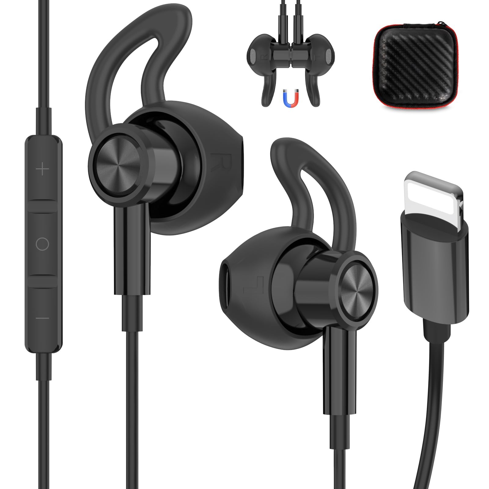 for Apple Lightning Headphones MFi-Certified Wired Earbuds Black