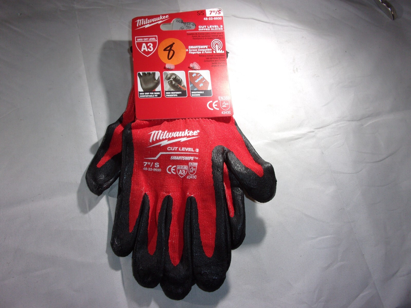 NEW MILWAUKEE CUT LEVEL 3 DIPPED GLOVES SIZE= 7"/S  W/SMARTSWIPE!!  # 48-22-8930