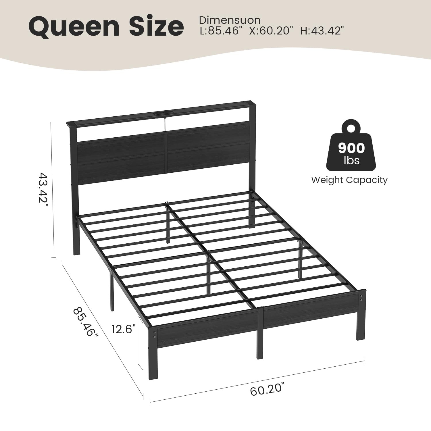 Queen Size Bed Frame with LED Lights, USB Type C Charging Headboard, Black Me...
