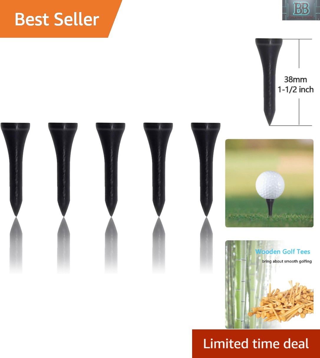 Wooden Golf Tees Set - 100 Piece Collection in Black, White, Blue, Red, Pink
