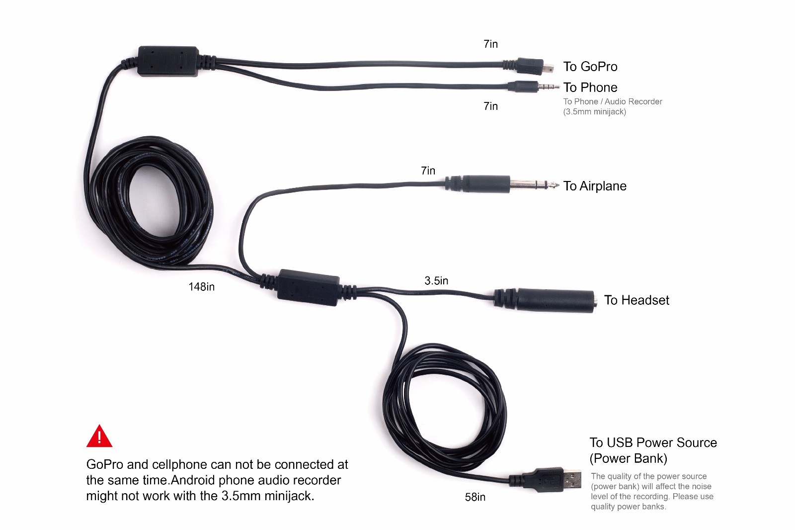 Extra Long (18ft) ATC Cable Airplane Radio Recording Dual Output for Gopro Phone