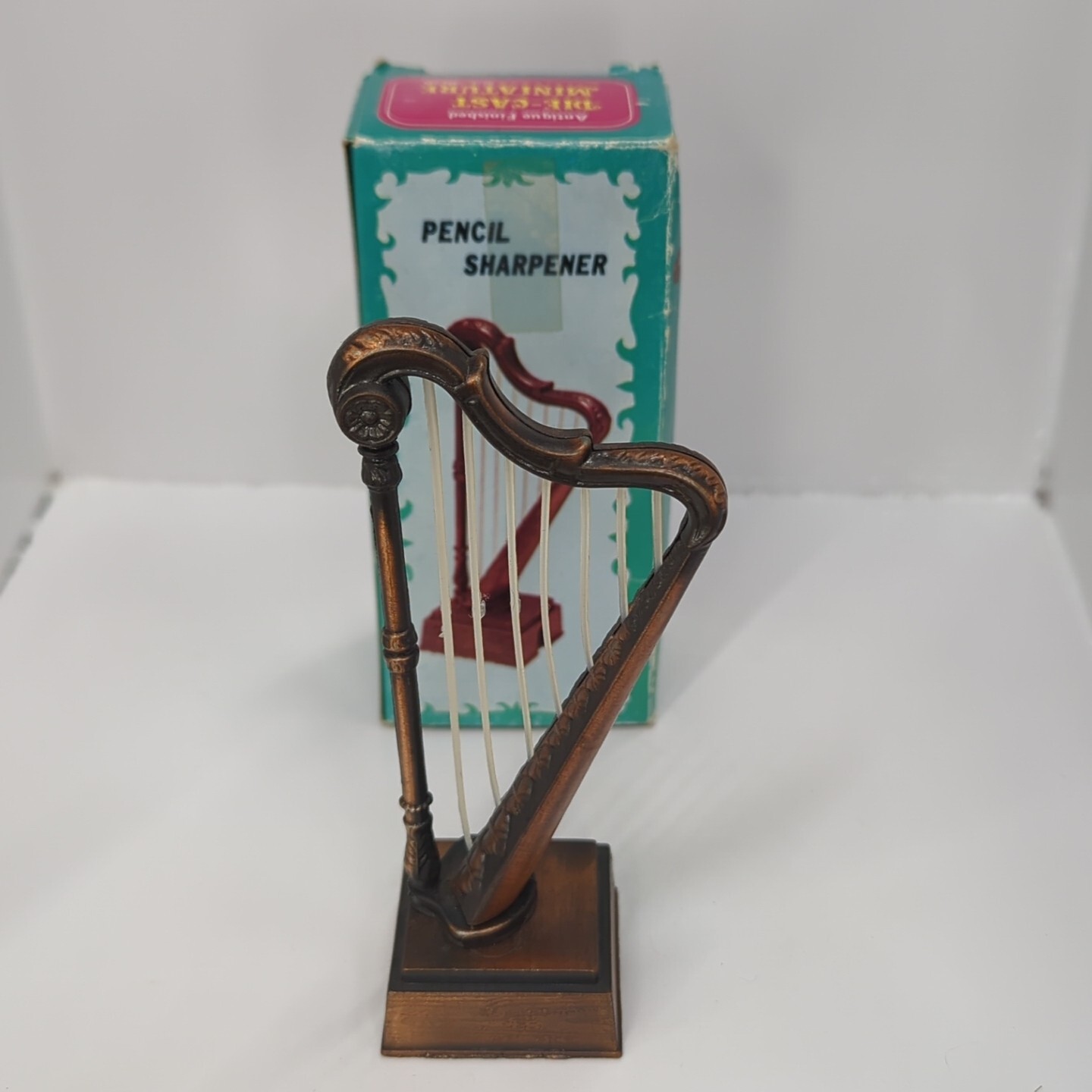 Vintage DieCast Metal Bronze Harp Antique Finish Collectible Pencil Sharpener