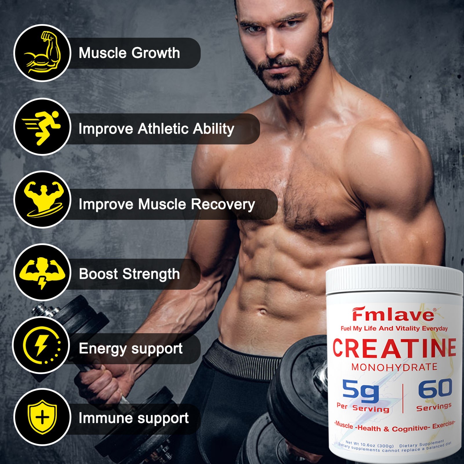 Fmlave Creatine Monohydrate 5g Micronized Creatine 10.58oz - 60 Serving Non-GMO