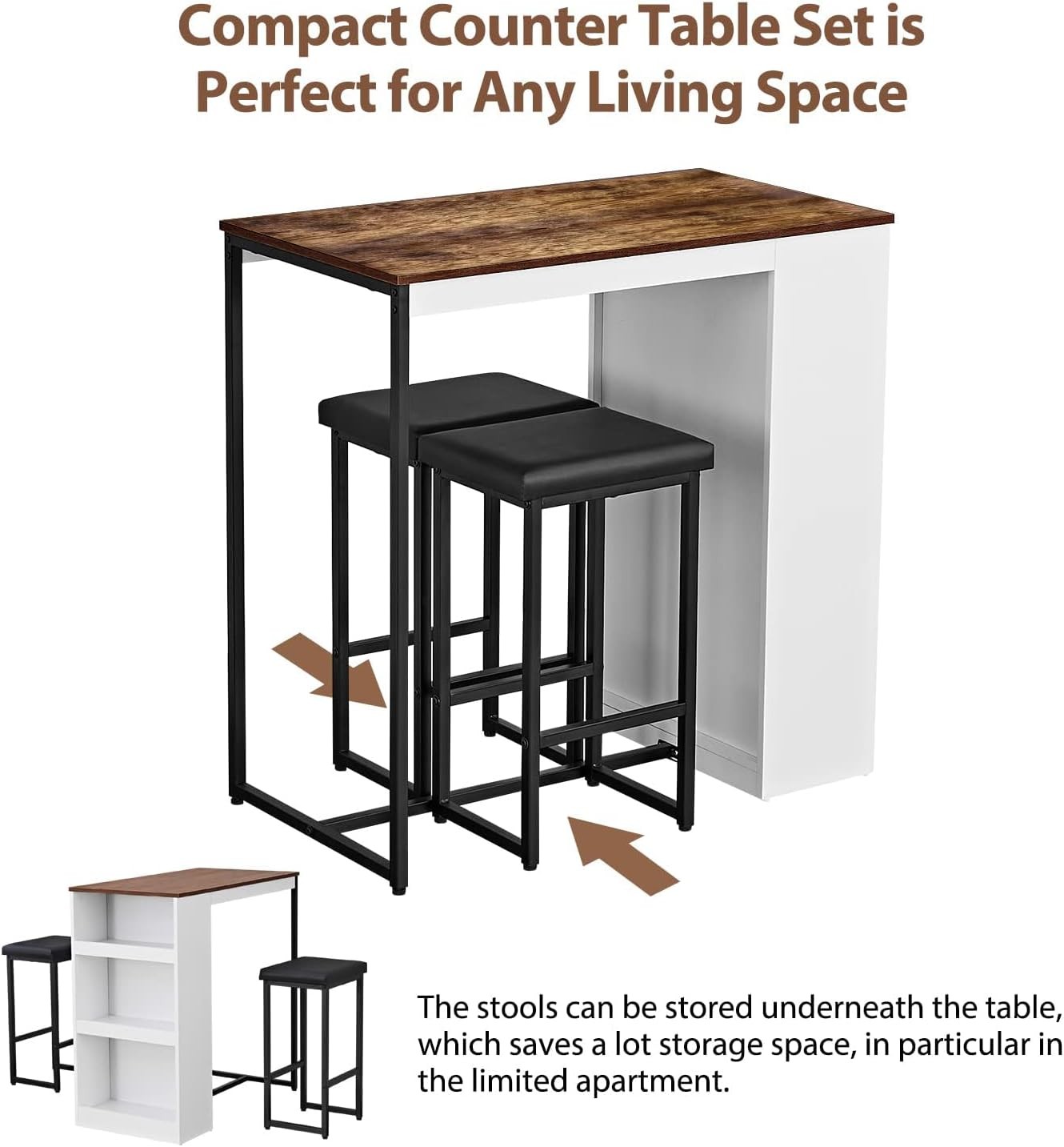 3 Piece Dining Table Set Kitchen Bar Table W/ Two Stool Storage Shelves Wood