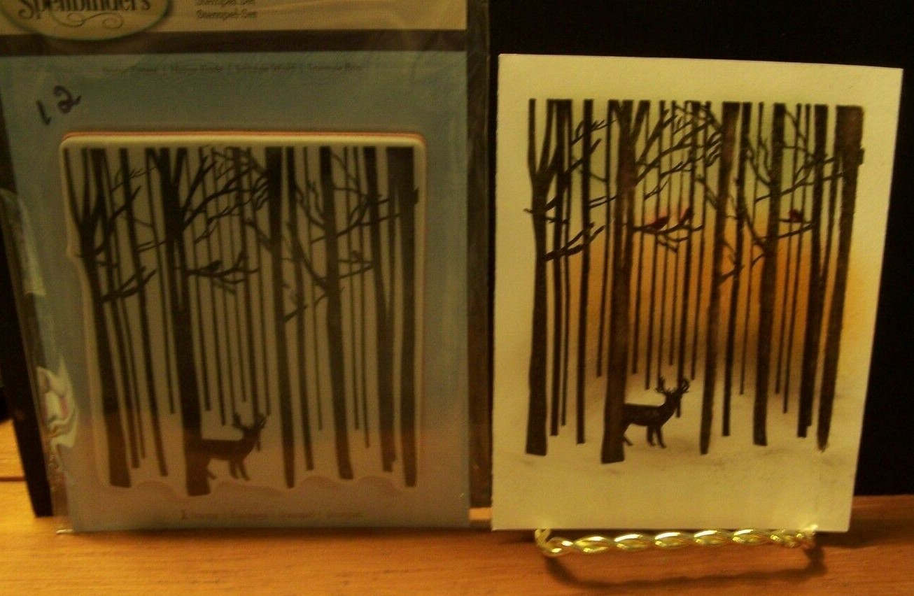 SPELLBINDERS 3D SHADING STAMP - SNOW FOREST W DEER - CLING RUBBER STAMP SCENE