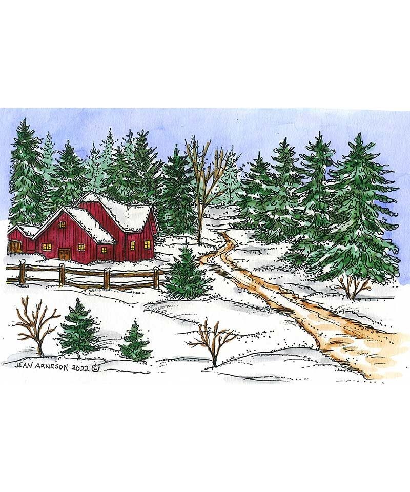 Winter Cabin Fence Trees Scene Wood Mounted Rubber Stamp NORTHWOODS NN11230 New
