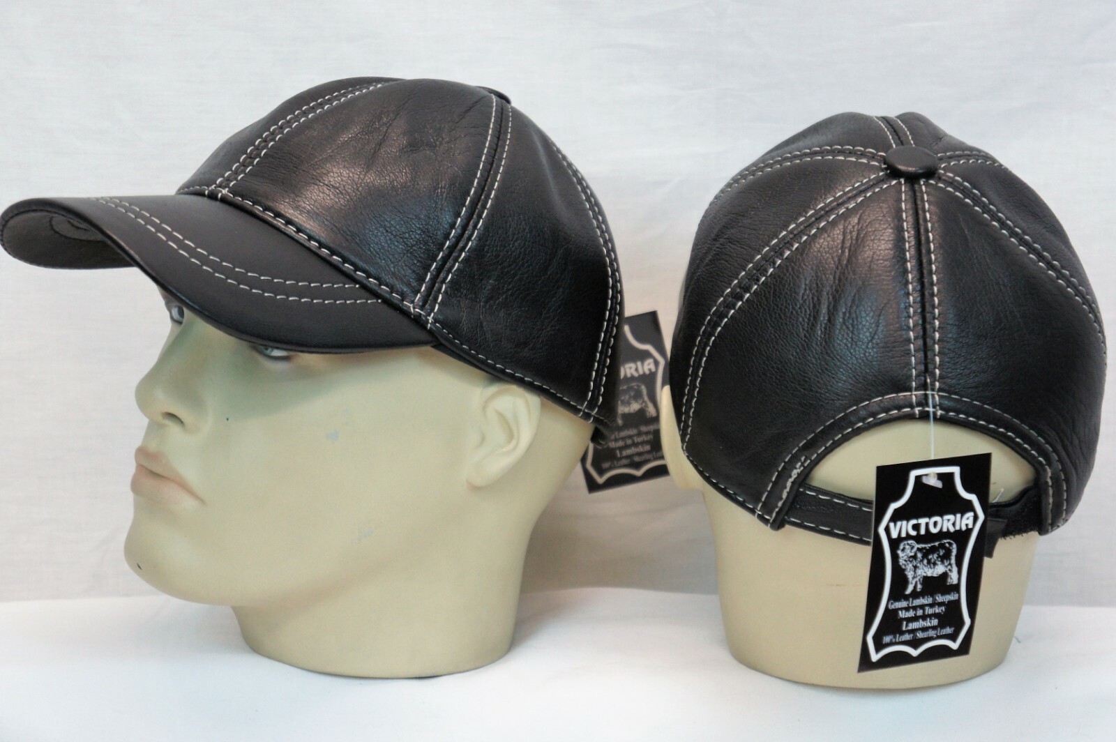 Black 100% Genuine Real Lambskin Leather Baseball Cap Hat Visor WHITE THREAD NWT
