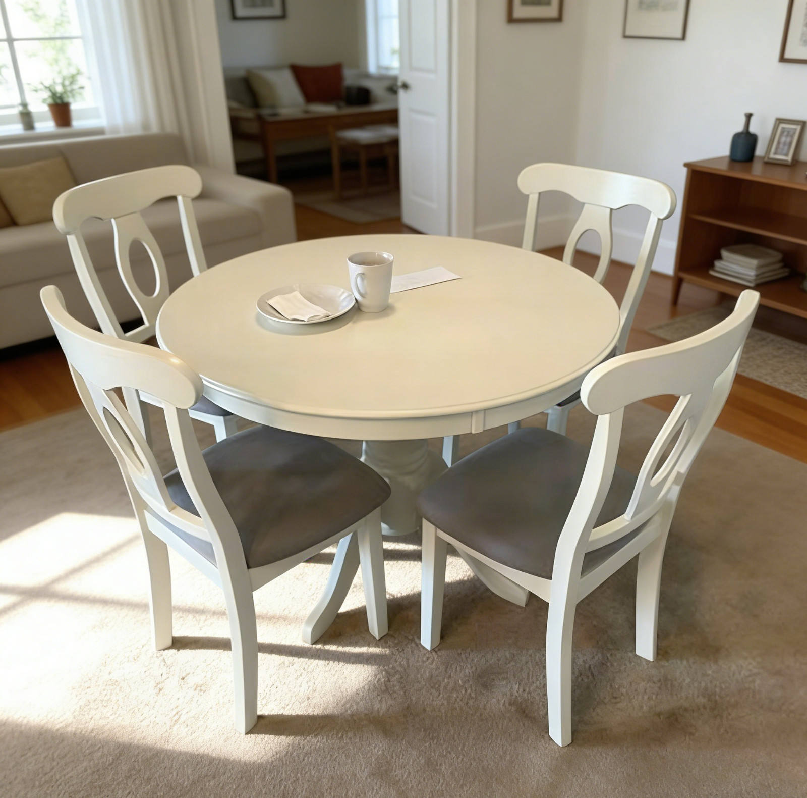 NEW 5 Piece Round Dining Table Set, White Pedestal Table 4 Upholstered Chairs