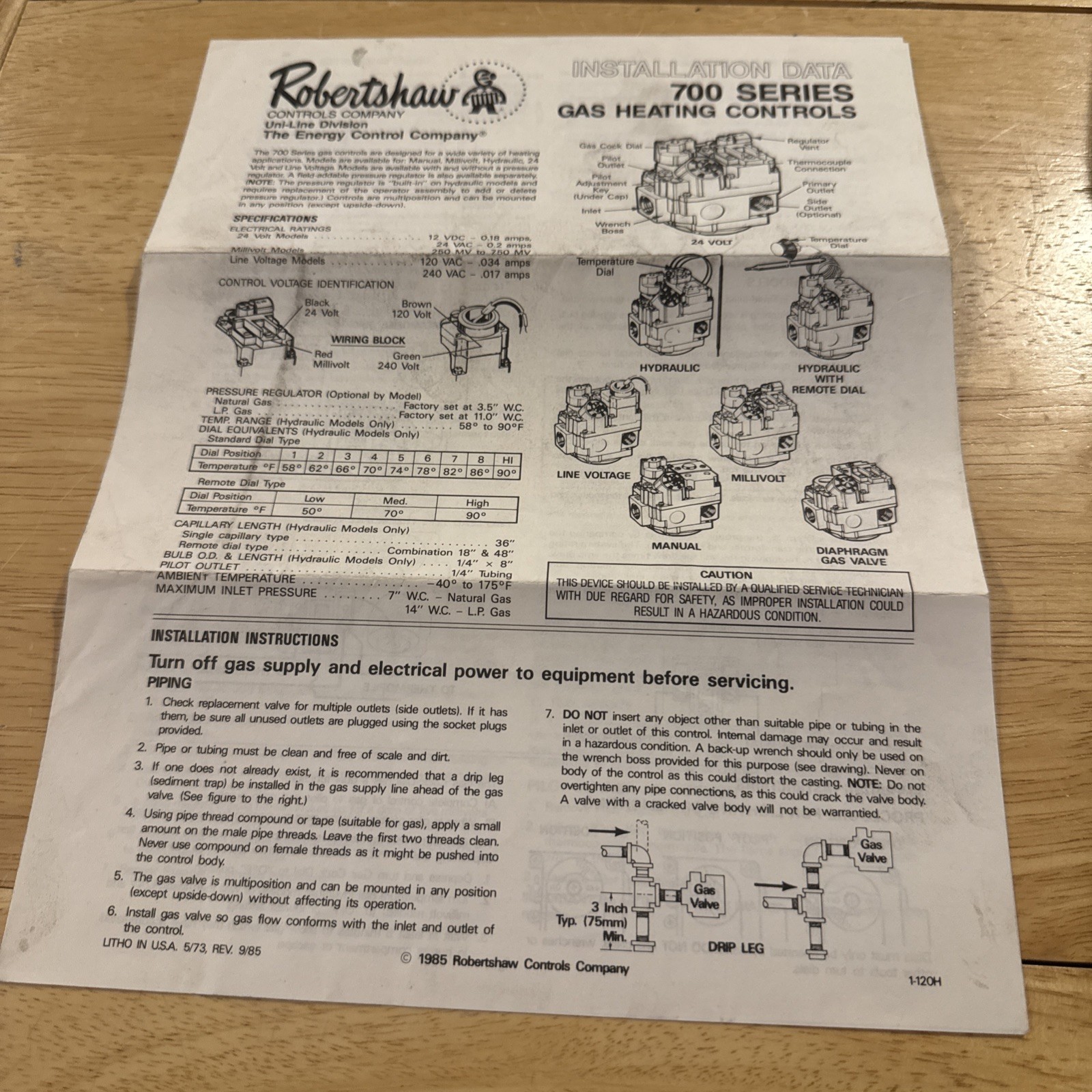 Robertshaw Controls Company 700 Series Gas Heating Controls Installation Data