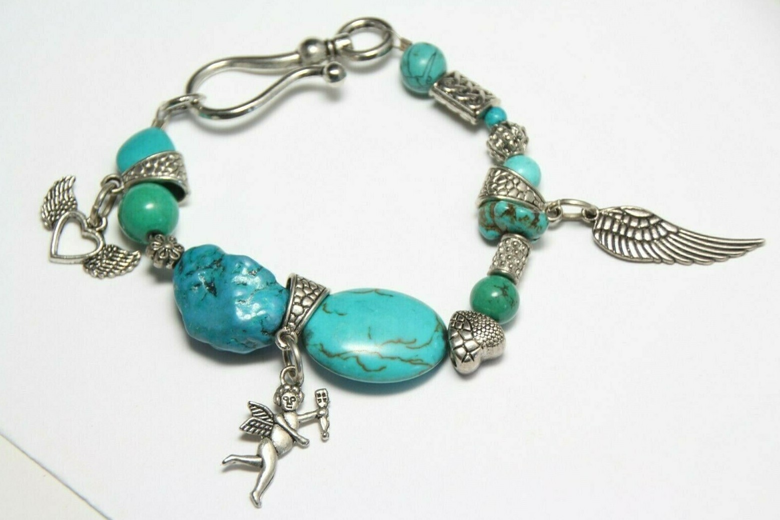 Turquoise Blue Gemstone & Pewter Charms Bracelet Angel Cupid Heart 7"