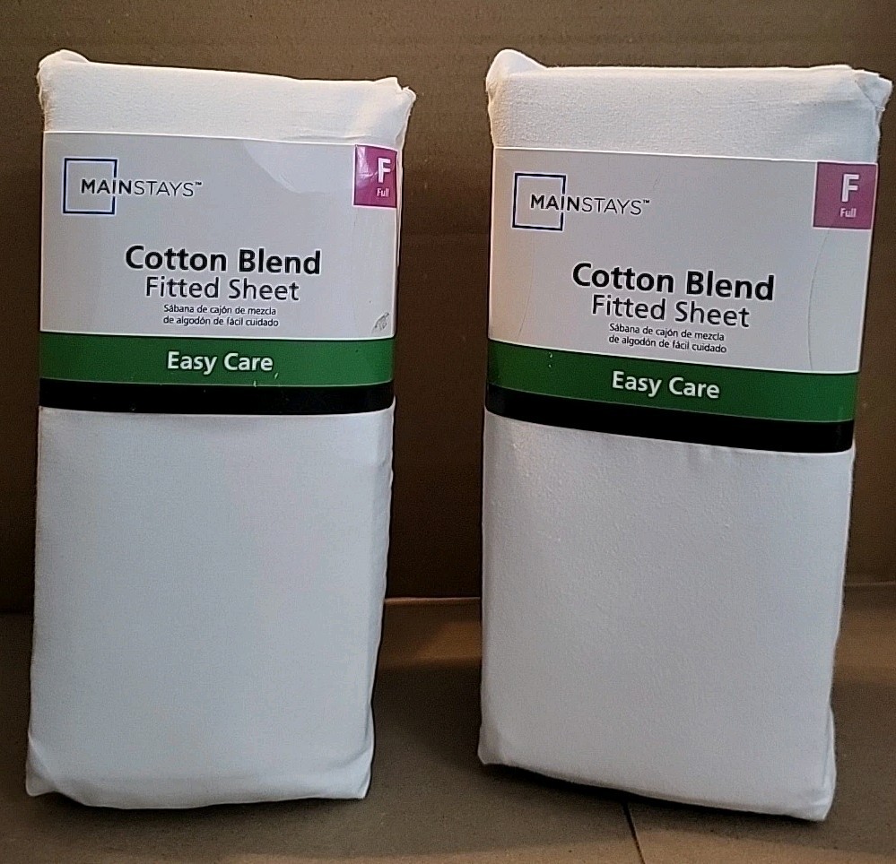 Set of 2 Mainstays Full Size Solid Soothing-White CVC Cotton Blend Fitted
