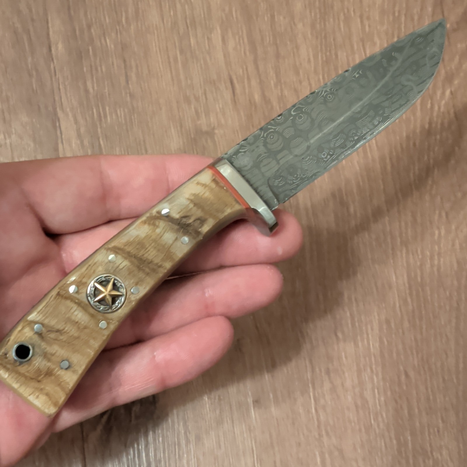 Custom Damascus Blade w/ Sheep Horn Handle, Custom Beveling & Sheath Made In TX