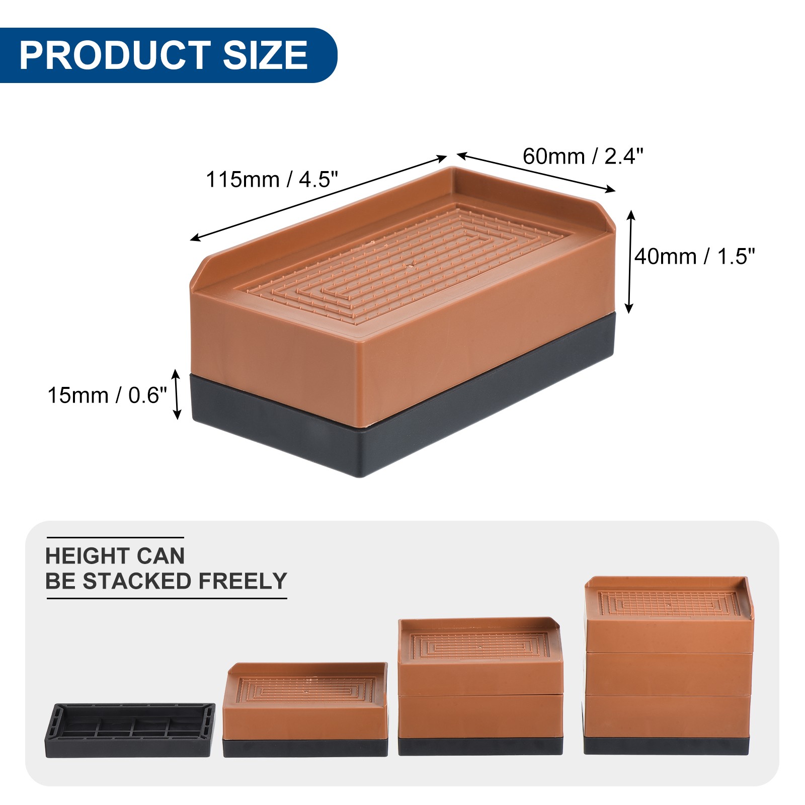 4Pcs Furniture Risers 3" Rectangle Bed Risers Adjustable Desk Sofa Riser Brown