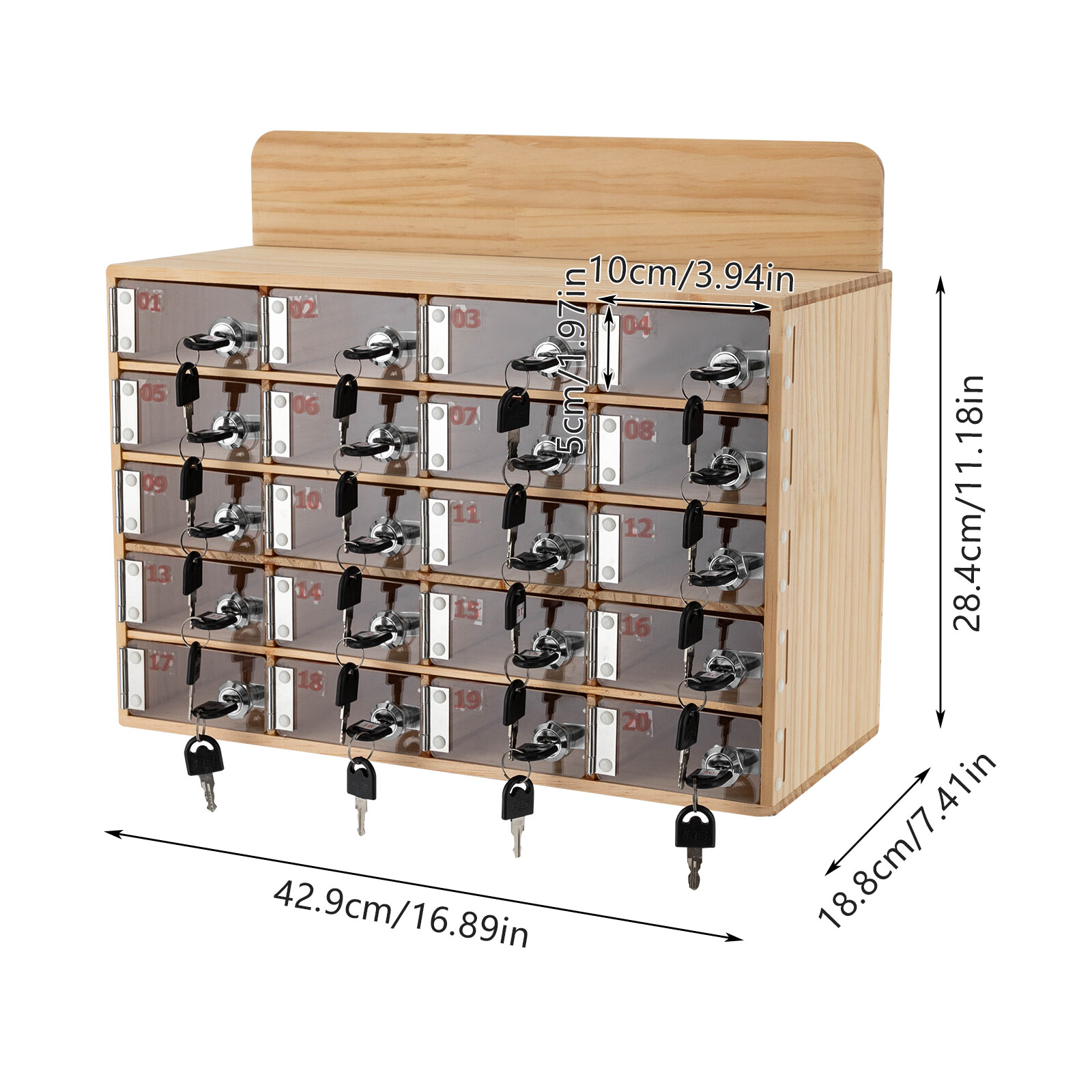 20 Slots Cell Phone Locker Box Wood Cell Phone Storage Cabinet With Keys/Locks