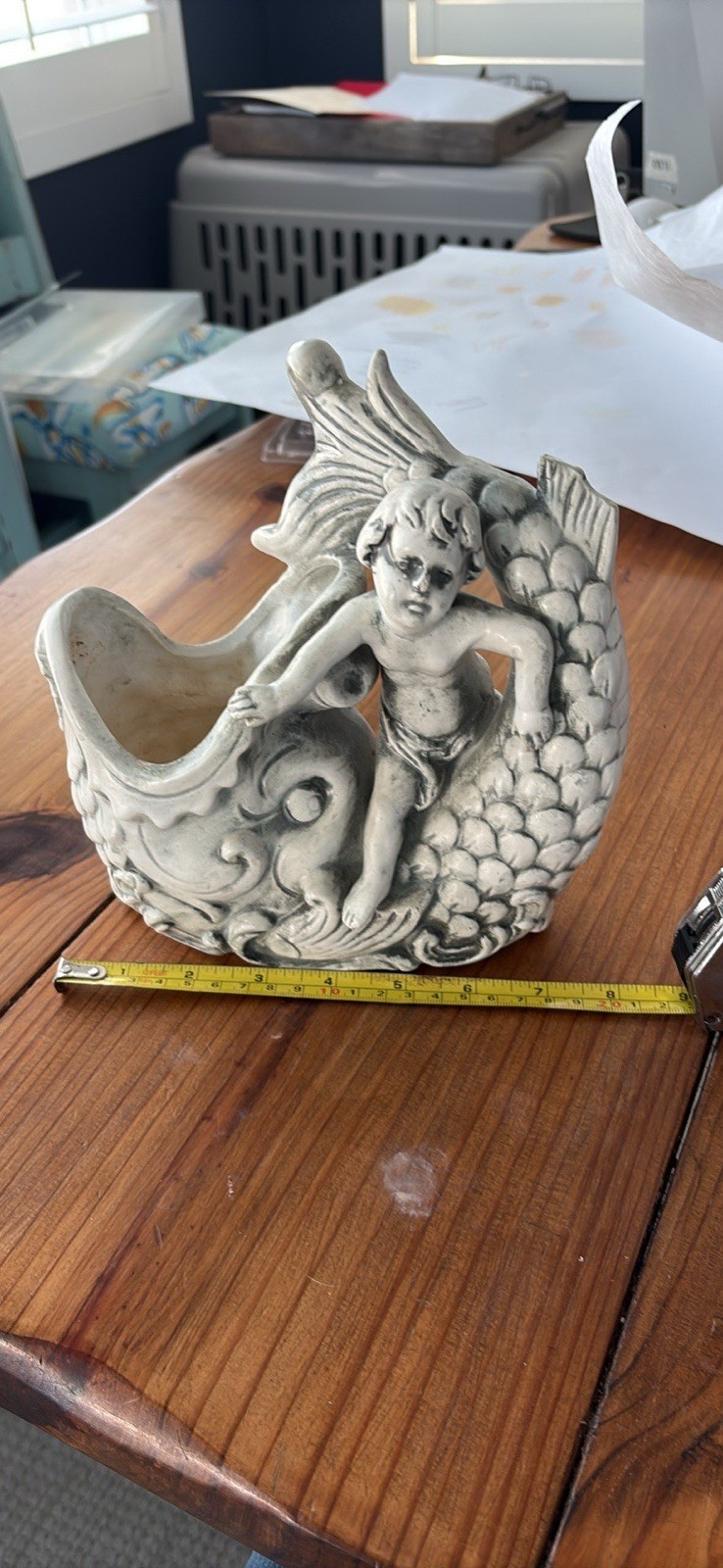 Ceramic Koi Carp Planter With Cherub Nautical Grey