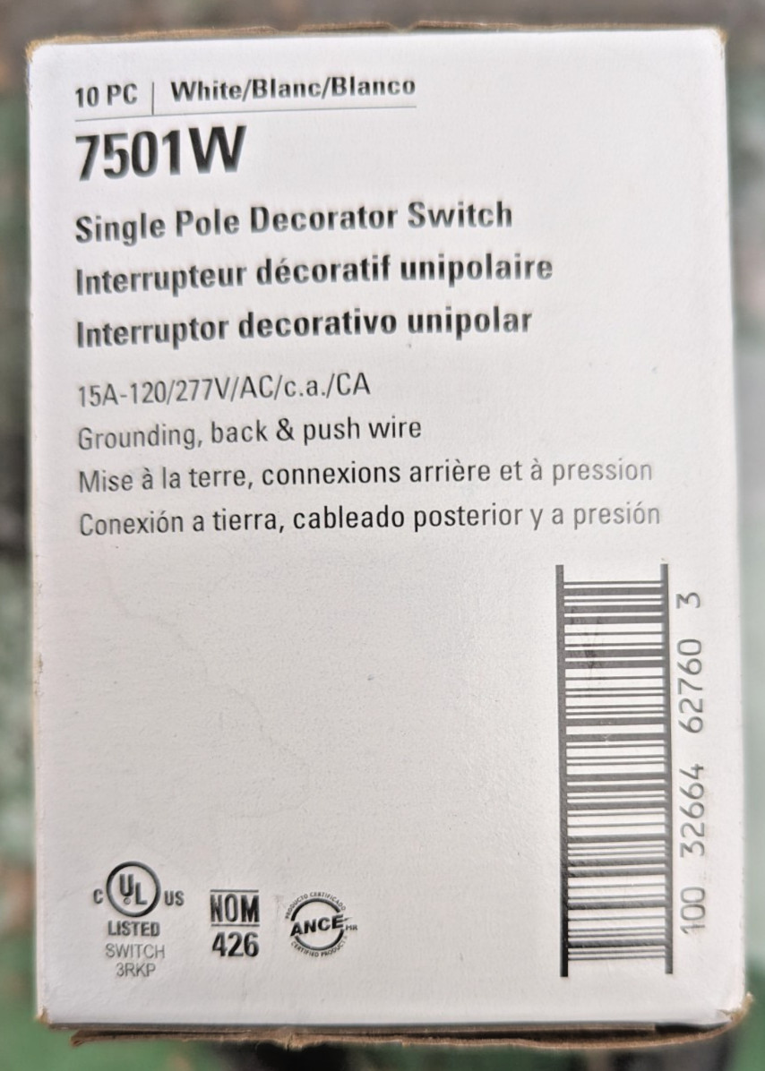 Eaton 7501W Single Pole Decorator Switch White Box Of 10