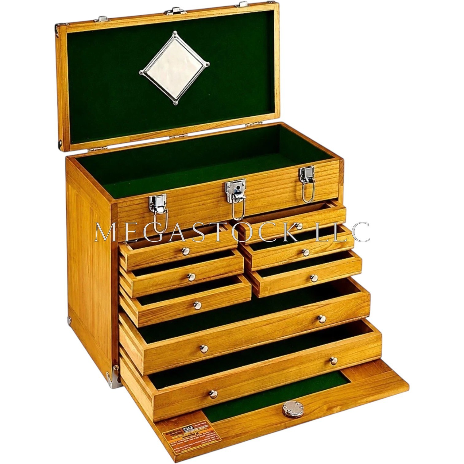 8 Drawer Hard Wood Tool Chest Storage Box Cabinet Felt Lined Machinists Chest