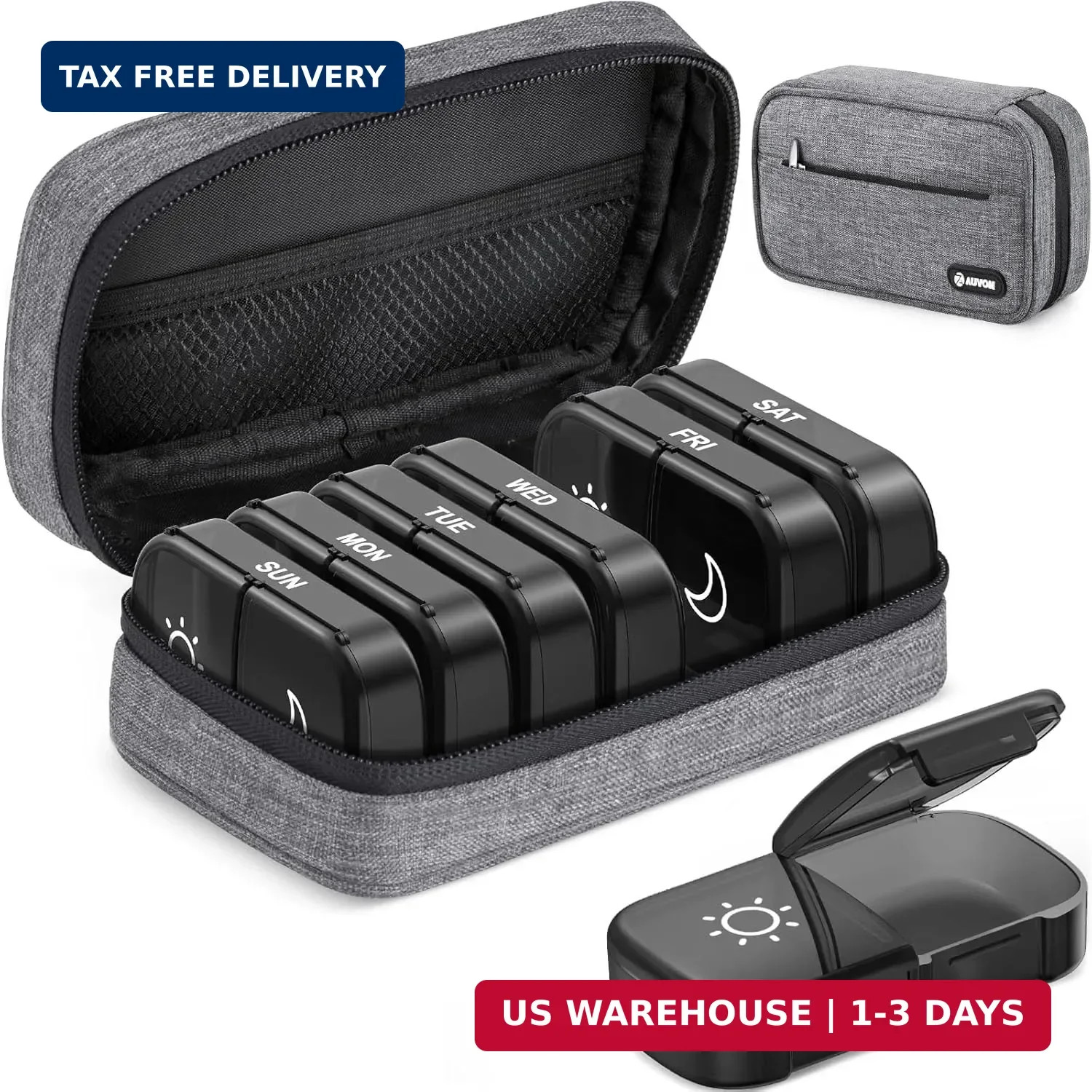 AUVON Canvas Bag XL Weekly Pill Organizer 2 Times a Day, Travel Pill Box 7 Day w