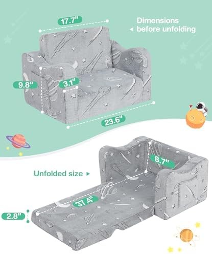 Couch 2-in-1, Sofa Bed Fold Out Convertible Lounger, Chair for Toddlers 1-3 w...