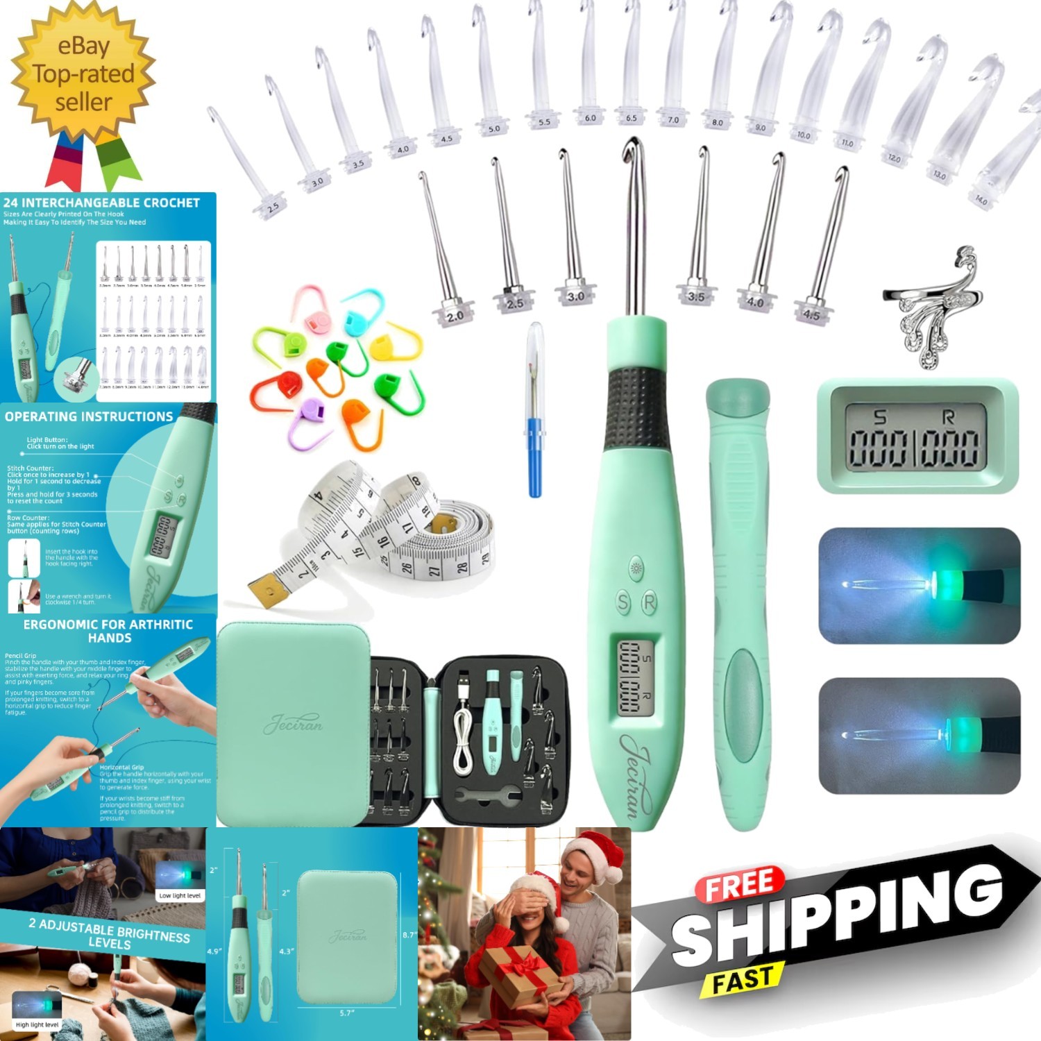 24 in 1 Light Up Crochet Hook Set,Lighted Crochet Hooks with Counter,Counting...