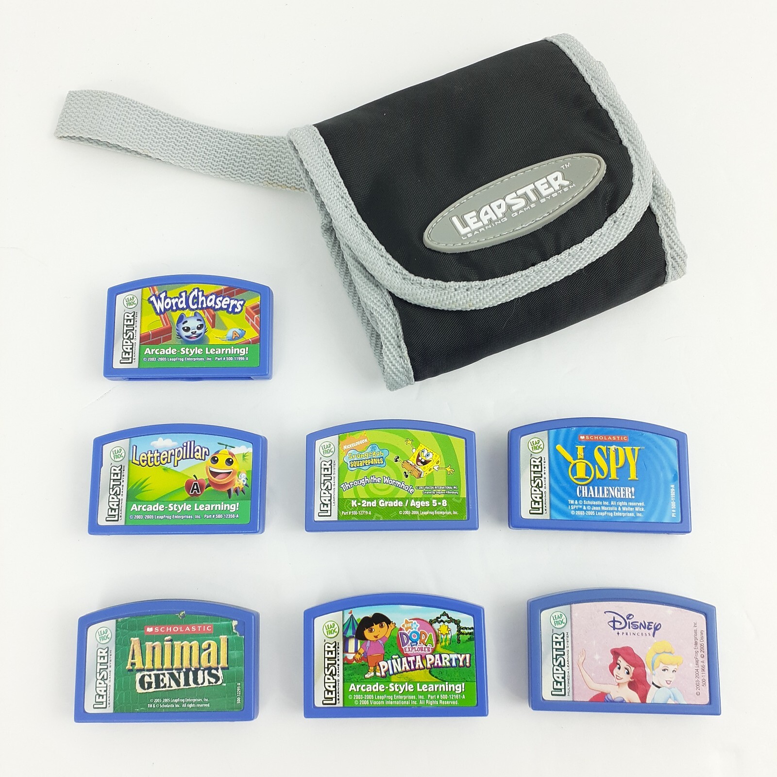 Leapster LeapFrog Game Cartridges Lot Of 7 SpongeBob Dora Disney Wallet Case