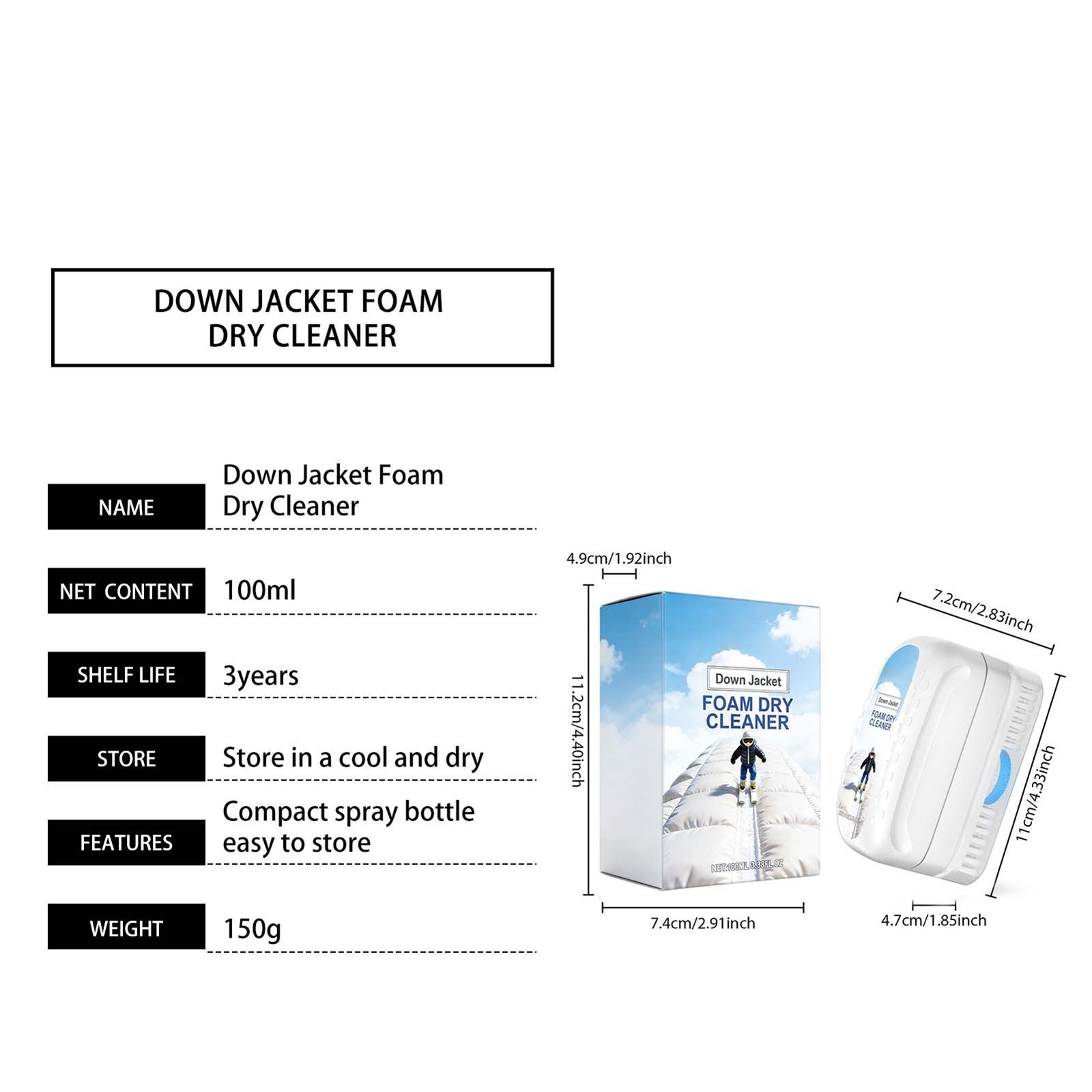 Down Jacket Foam Dry Cleaner, 100ml Waterless Multi Purpose Cleaner With Brush