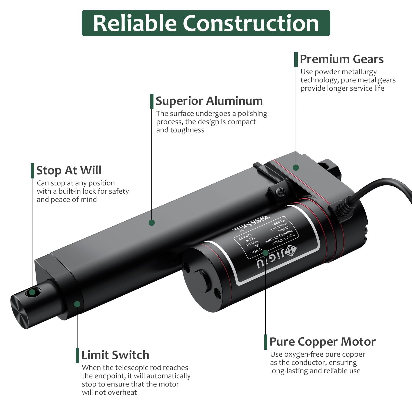 4" Stroke Heavy Duty 12V Linear Actuator 160lbs with Mounting Brackets