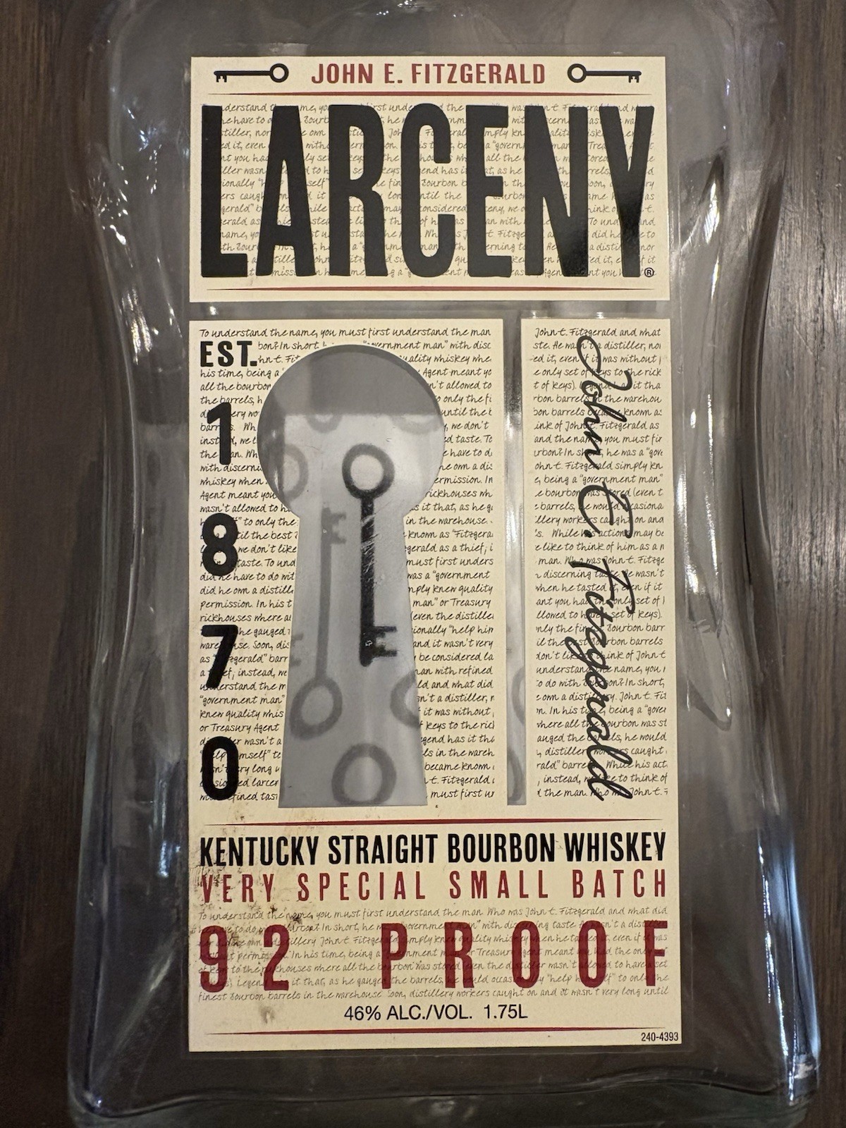John E Fitzgerald Larceny Kentucky Bourbon 1.75 Liter - Empty Unwashed Bottle