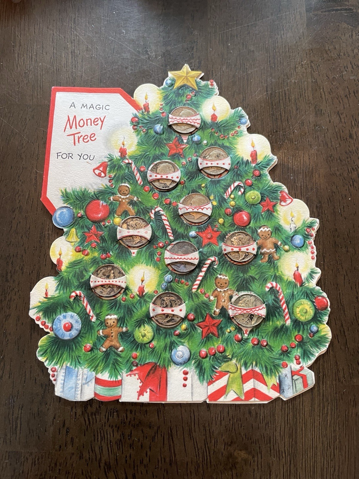 Vintage Hallmark MCM Magic Money Tree Christmas Card with 10 Silver Dimes