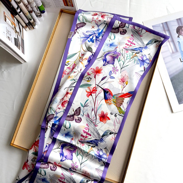 100% Mulberry Silk Scarf Neckerchief 150X16cm bird Print Shawl Bandanna wrap new