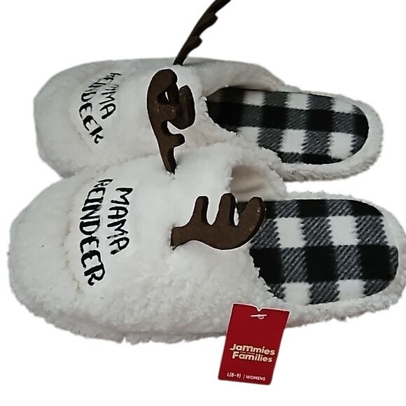 Mama Reindeer Fuzzy Slippers Size 8/9 Large Women's New Holiday Slip On