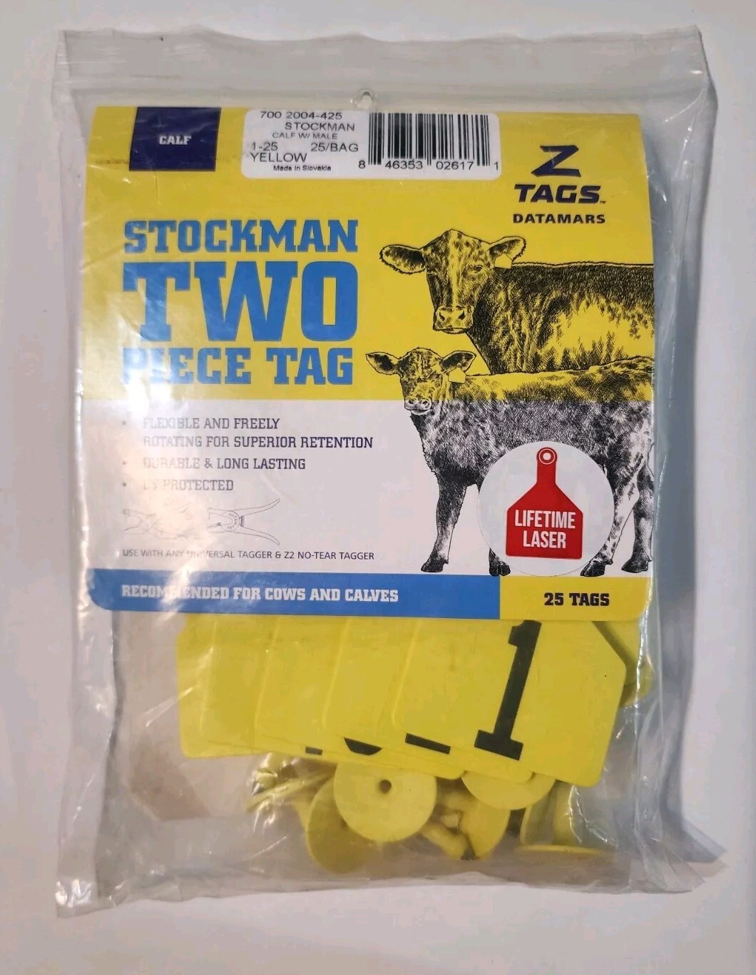 Stockman 2-Piece Numbered Cow Calf Tags Yellow Number: 1-25 Z Tags Small