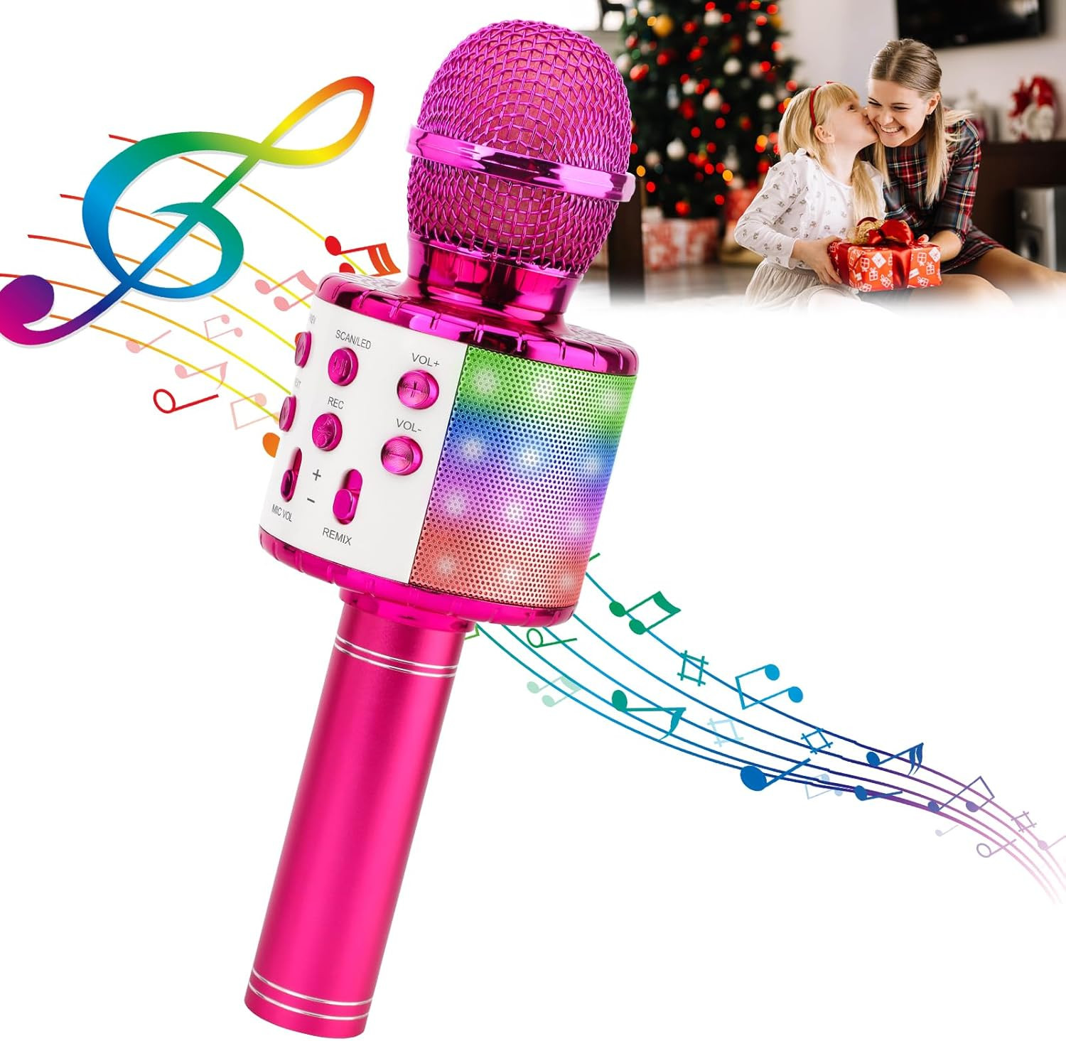 Karaoke Microphone, 4 in 1 Wireless Microphone with LED Lights Handheld Portable